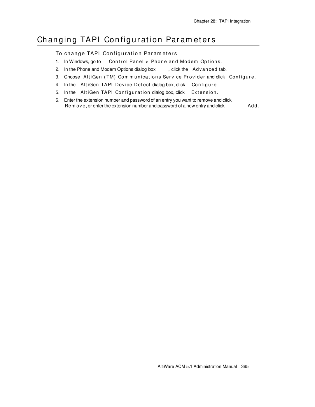 AltiGen comm ACM 5.1 manual Changing Tapi Configuration Parameters, To change Tapi Configuration Parameters 