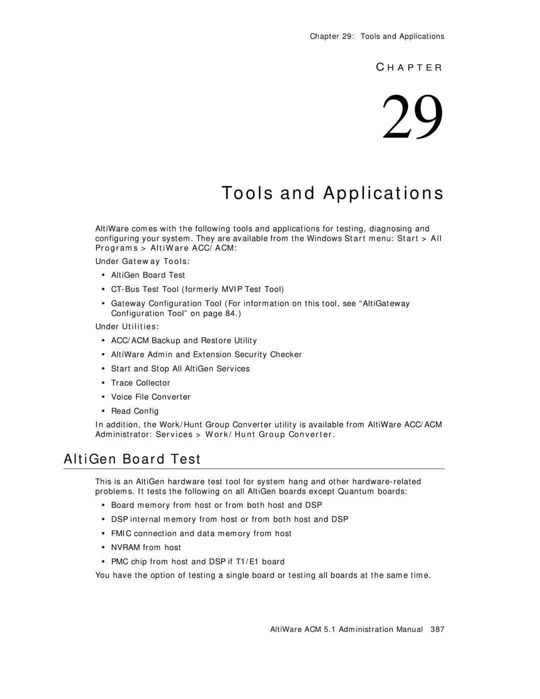 AltiGen comm ACM 5.1 manual Tools and Applications, AltiGen Board Test, Programs AltiWare ACC/ACM Under Gateway Tools 