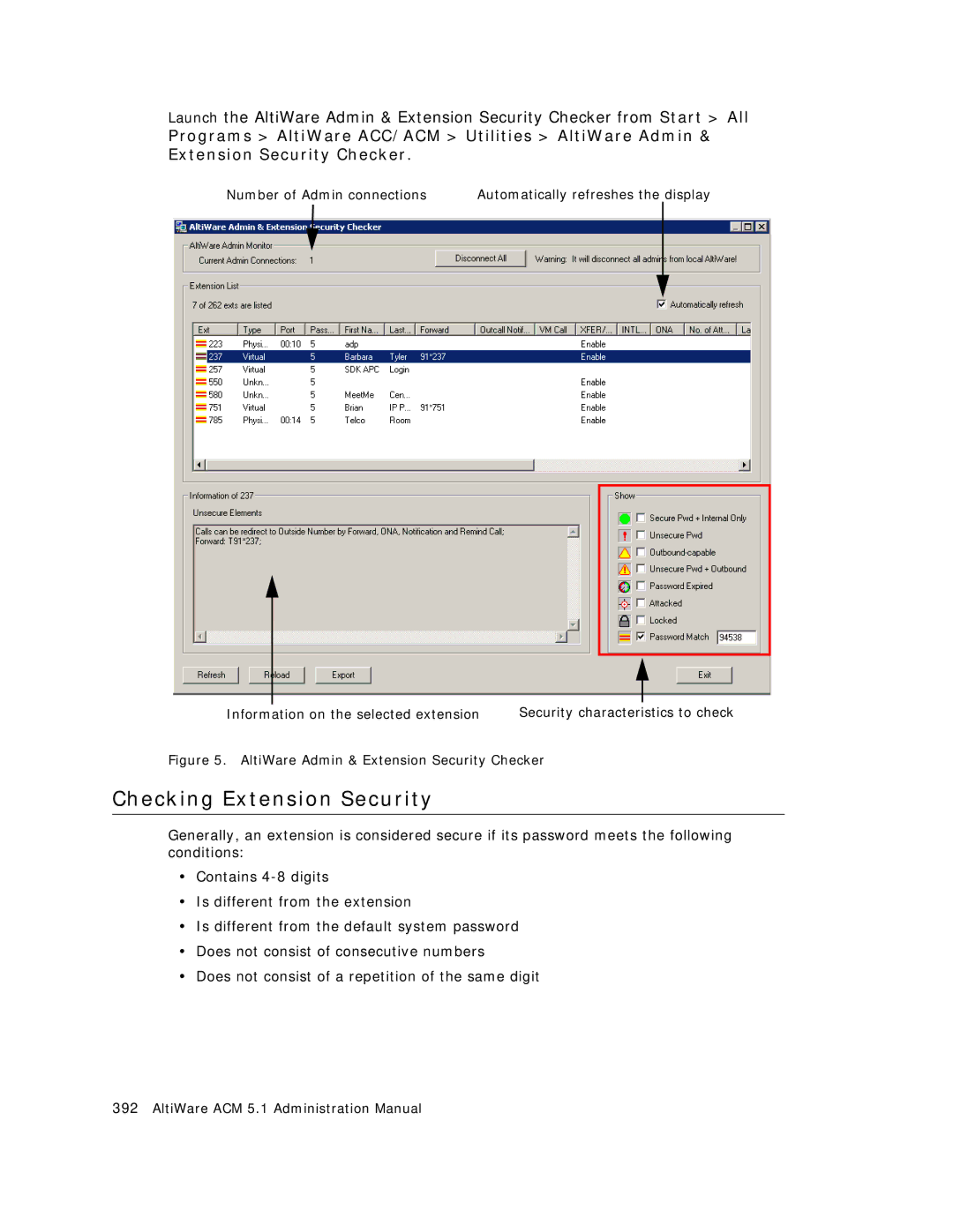 AltiGen comm ACM 5.1 manual Checking Extension Security, AltiWare Admin & Extension Security Checker 