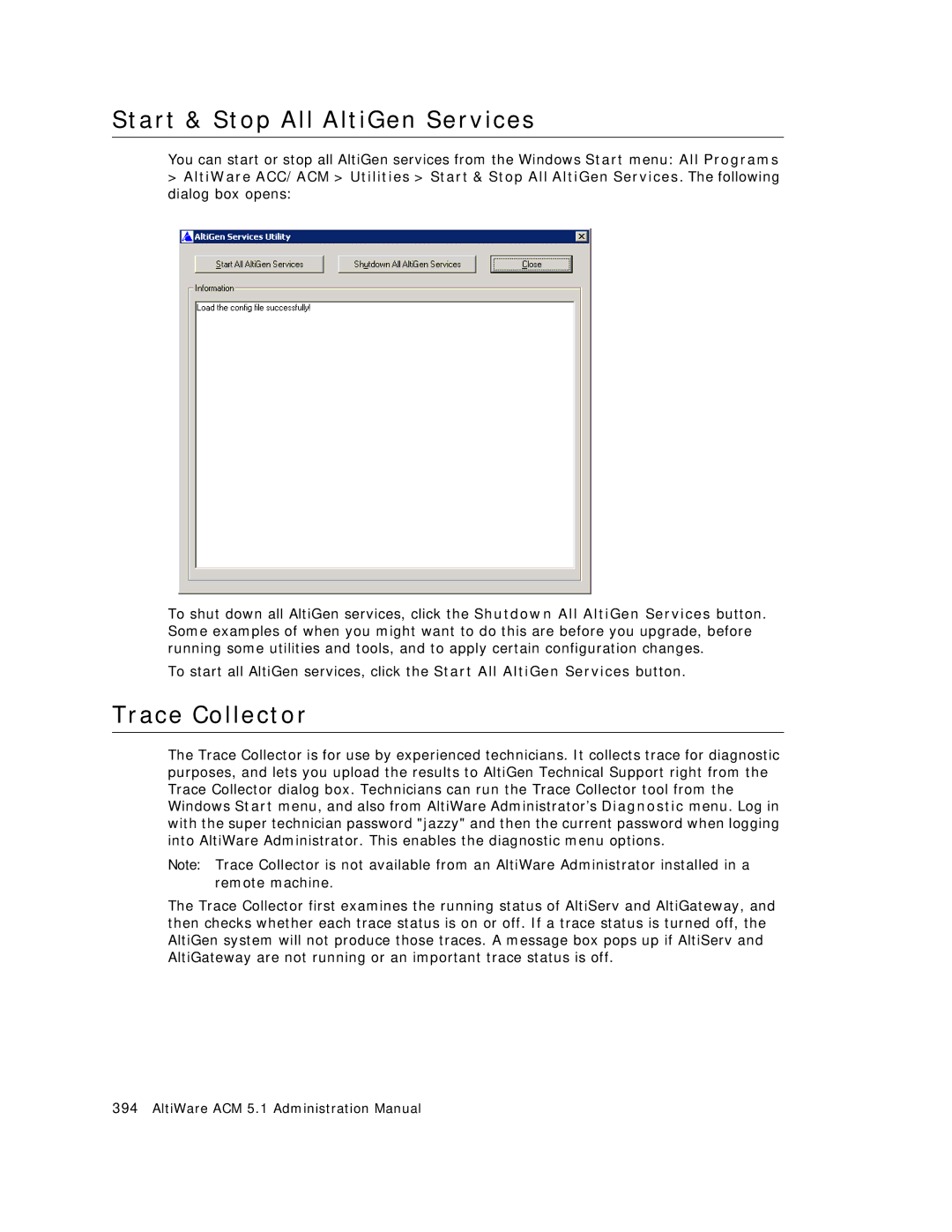 AltiGen comm ACM 5.1 manual Start & Stop All AltiGen Services, Trace Collector 