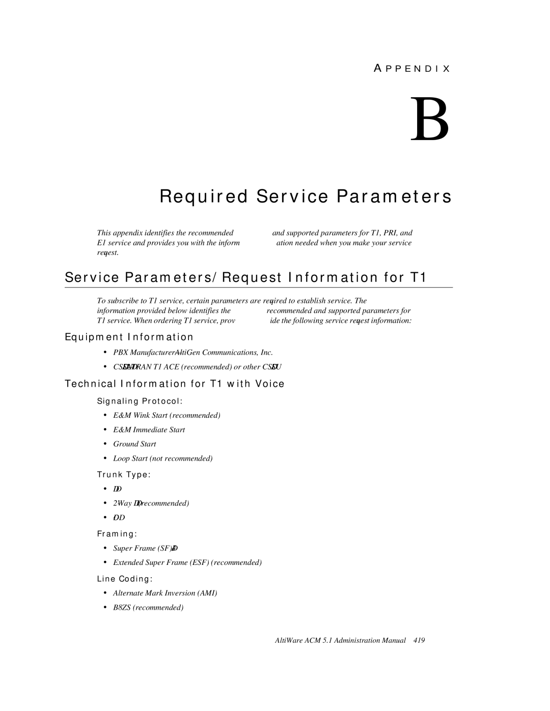 AltiGen comm ACM 5.1 Required Service Parameters, Service Parameters/Request Information for T1, Equipment Information 