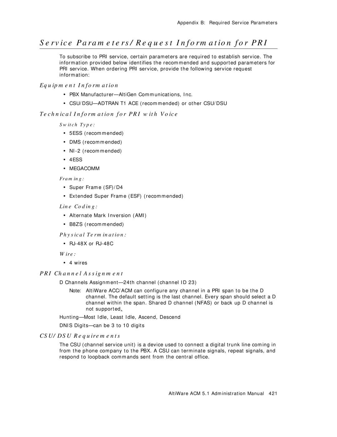 AltiGen comm ACM 5.1 Service Parameters/Request Information for PRI, Technical Information for PRI with Voice, Line Coding 