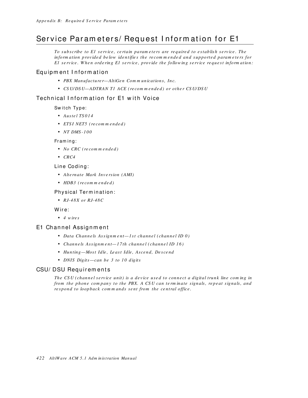 AltiGen comm ACM 5.1 manual Service Parameters/Request Information for E1, Technical Information for E1 with Voice 