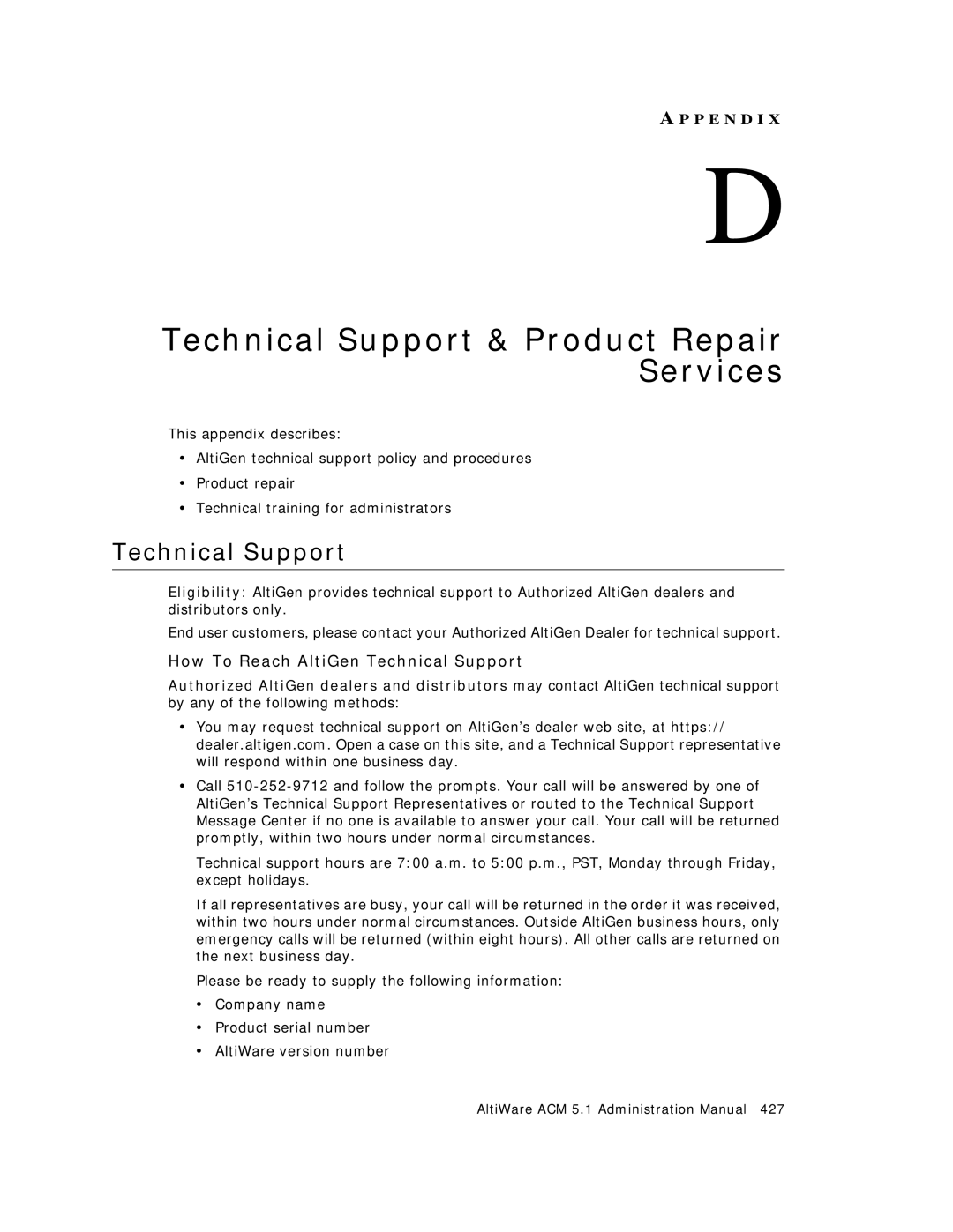 AltiGen comm ACM 5.1 manual Technical Support & Product Repair Services, How To Reach AltiGen Technical Support 