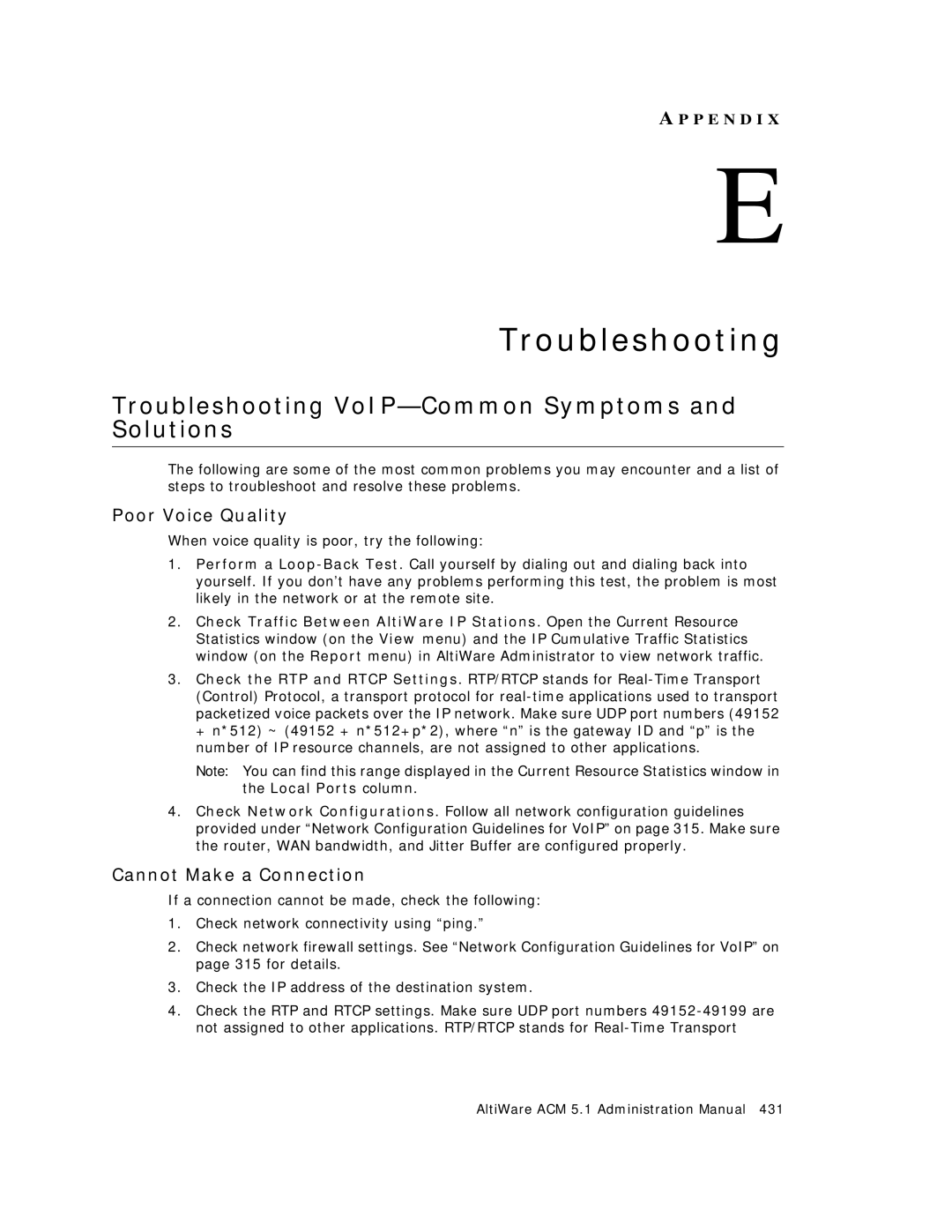 AltiGen comm ACM 5.1 Troubleshooting VoIP-Common Symptoms and Solutions, Poor Voice Quality, Cannot Make a Connection 