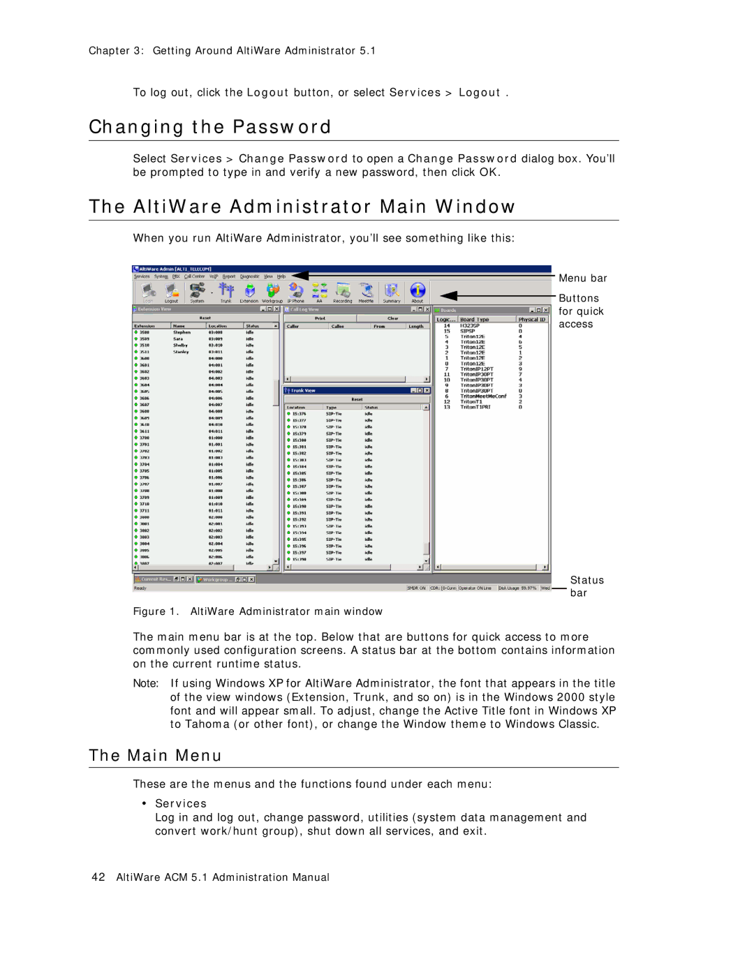 AltiGen comm ACM 5.1 manual Changing the Password, AltiWare Administrator Main Window, Main Menu, Services 