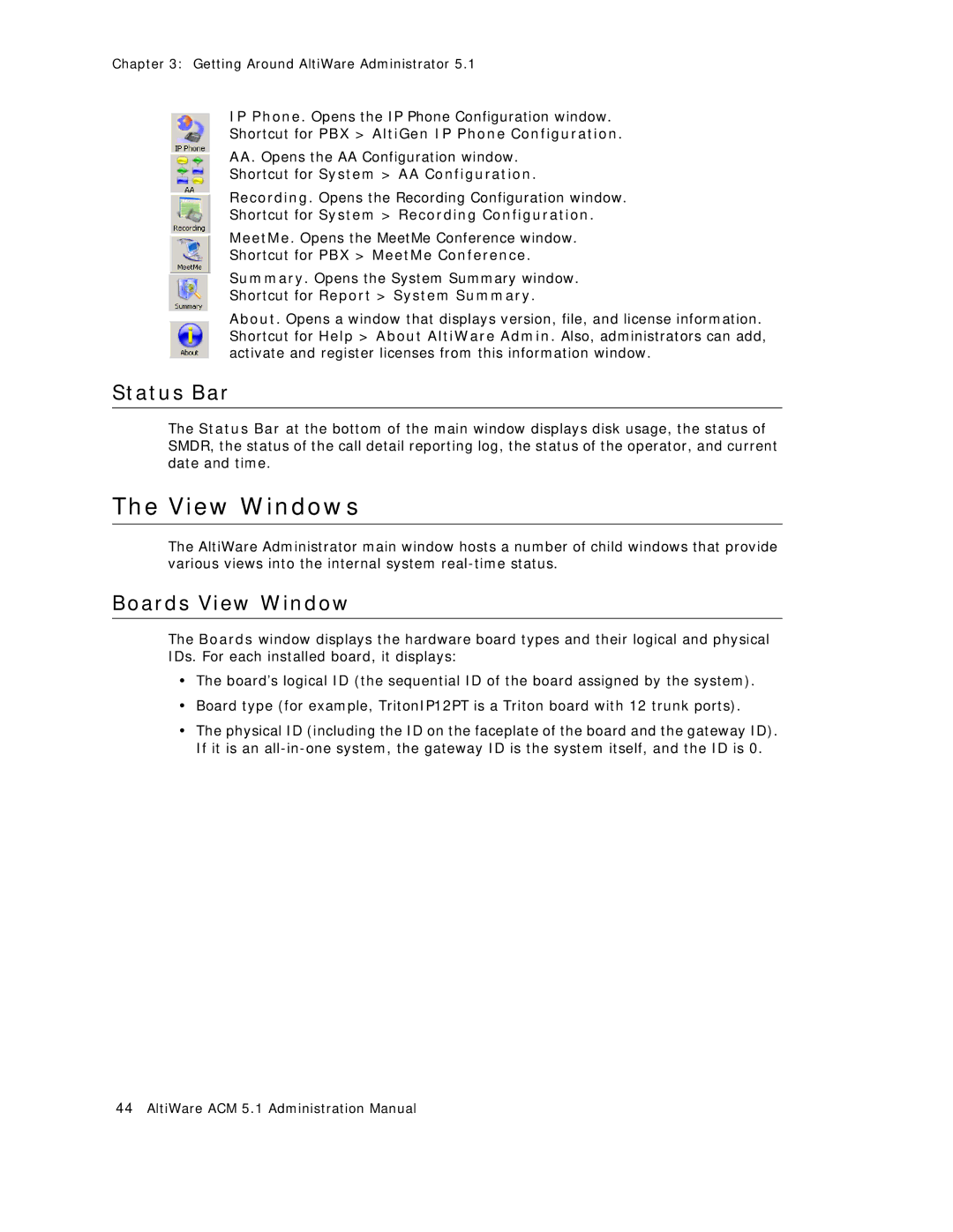 AltiGen comm ACM 5.1 manual View Windows, Status Bar, Boards View Window 