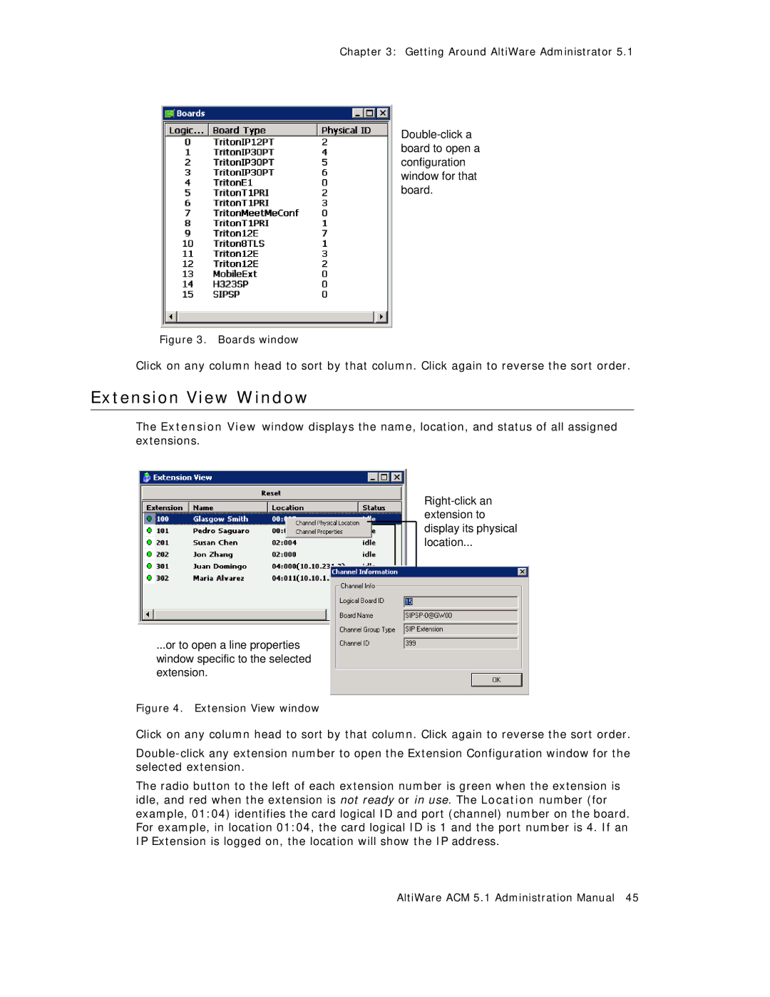 AltiGen comm ACM 5.1 manual Extension View Window, Boards window 