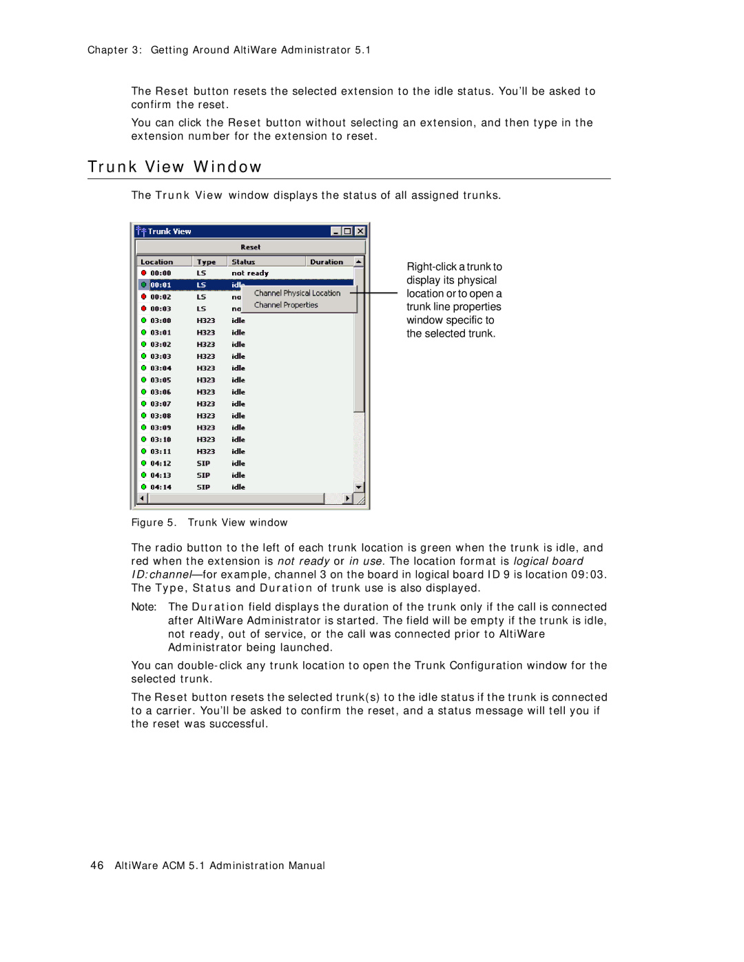 AltiGen comm ACM 5.1 manual Trunk View Window, Trunk View window 