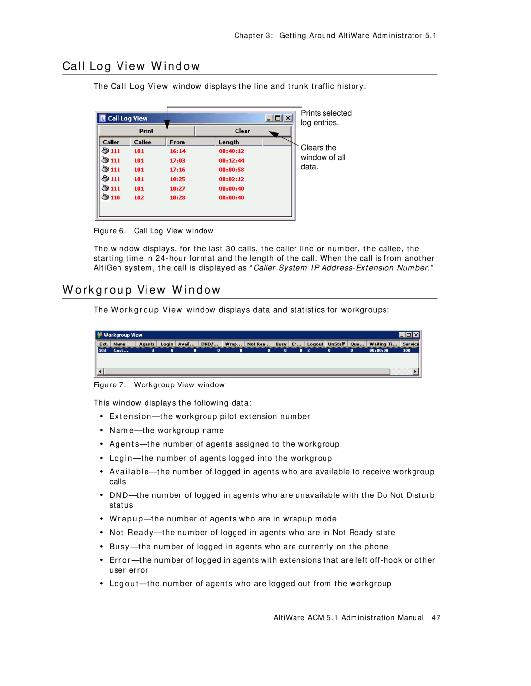 AltiGen comm ACM 5.1 manual Call Log View Window, Workgroup View Window 