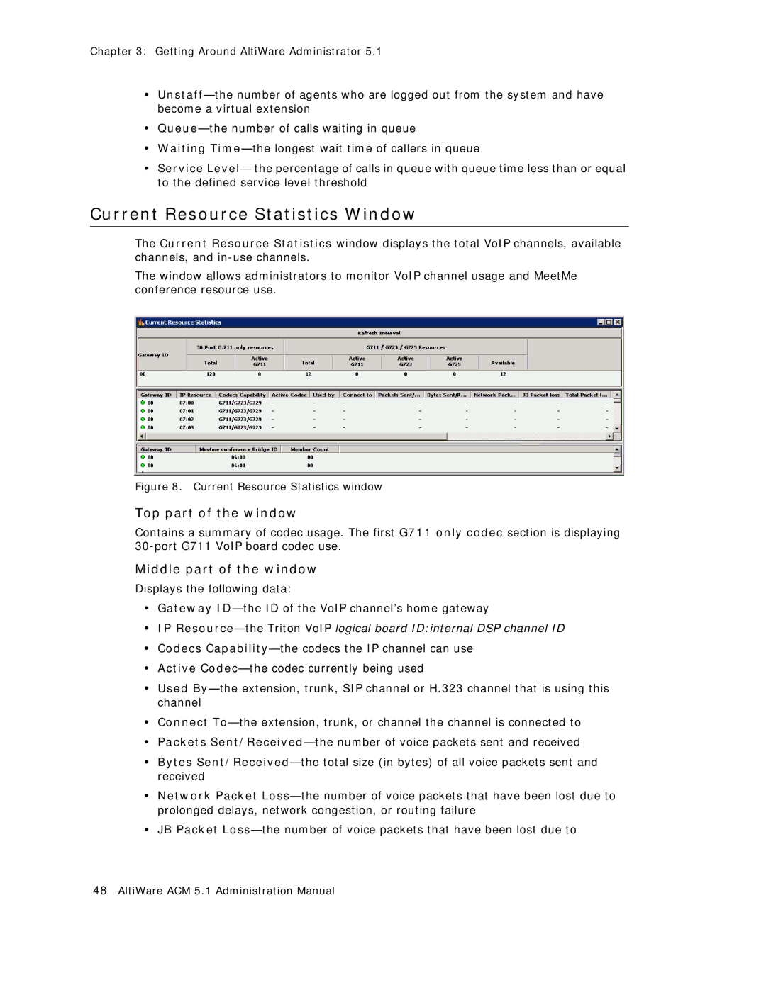 AltiGen comm ACM 5.1 manual Current Resource Statistics Window, Top part of the window, Middle part of the window 