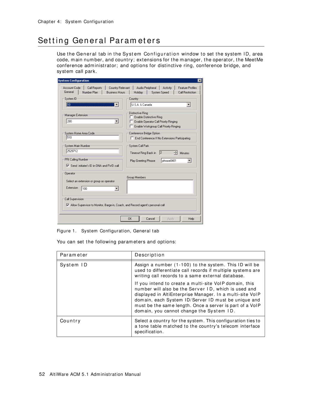 AltiGen comm ACM 5.1 manual Setting General Parameters, Parameter Description System ID, Country 