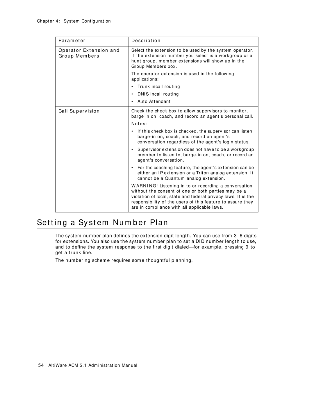 AltiGen comm ACM 5.1 manual Setting a System Number Plan, Parameter Description Operator Extension, Group Members 