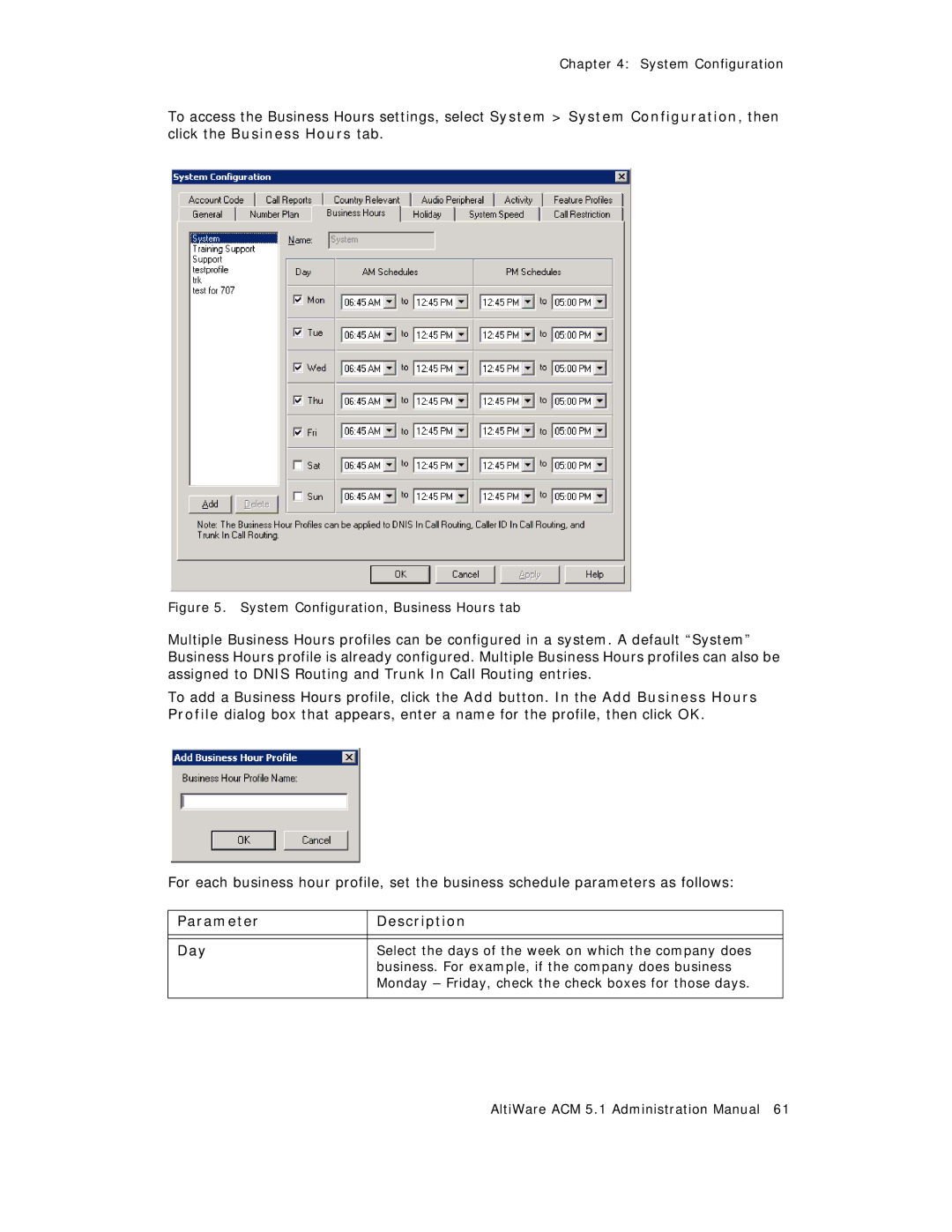 AltiGen comm ACM 5.1 manual Parameter Description Day, System Configuration, Business Hours tab 