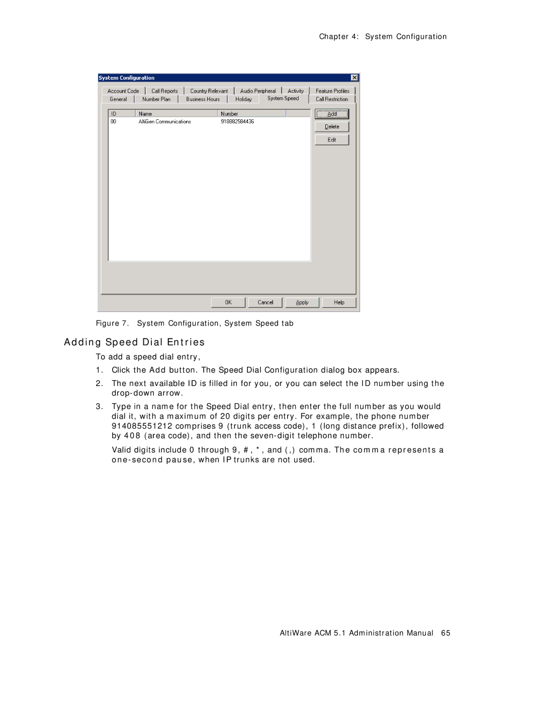 AltiGen comm ACM 5.1 manual Adding Speed Dial Entries, System Configuration, System Speed tab 