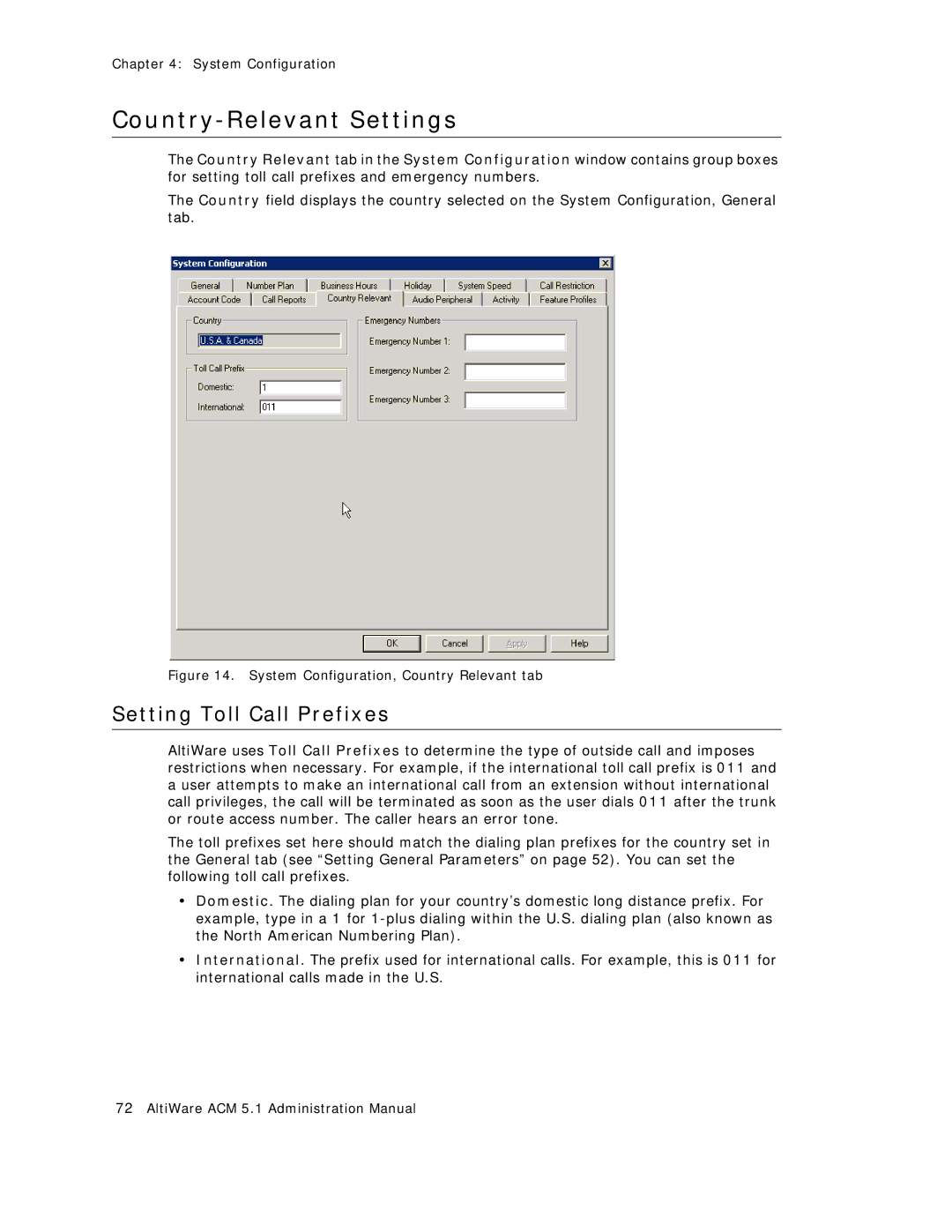 AltiGen comm ACM 5.1 manual Country-Relevant Settings, Setting Toll Call Prefixes 