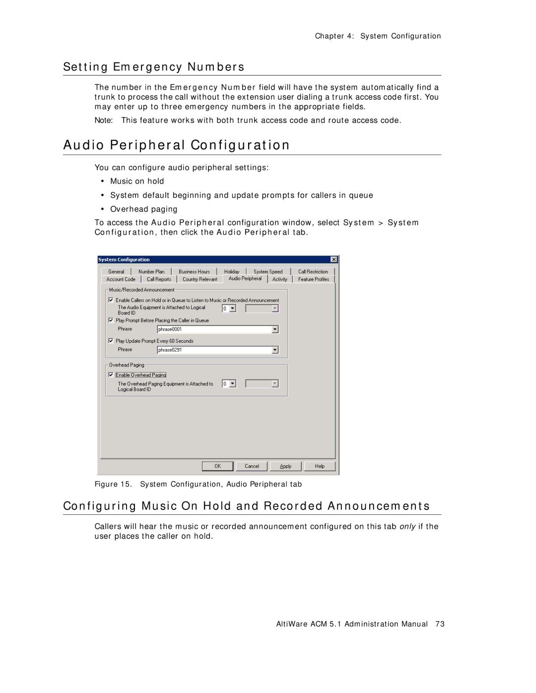 AltiGen comm ACM 5.1 manual Audio Peripheral Configuration, Setting Emergency Numbers 