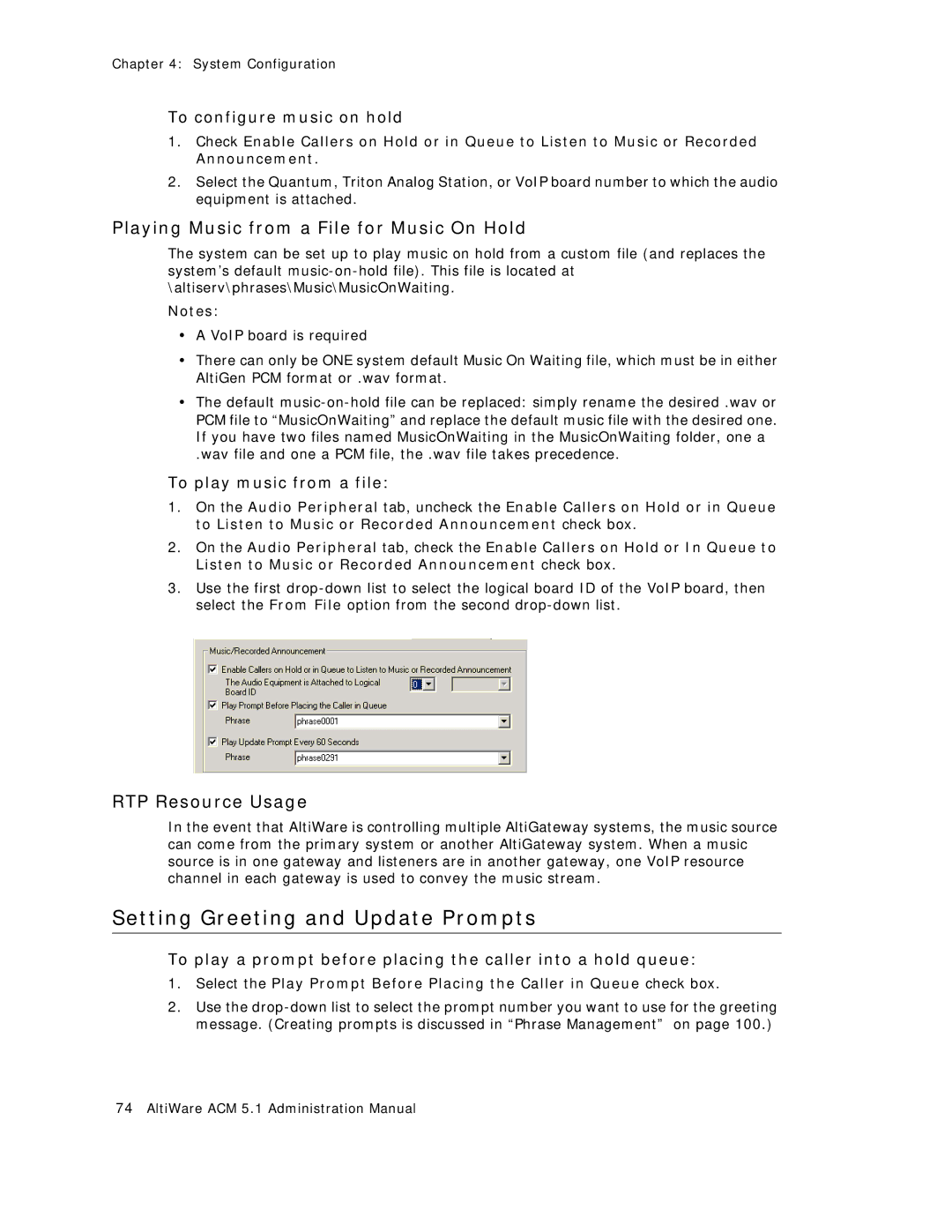 AltiGen comm ACM 5.1 Setting Greeting and Update Prompts, Playing Music from a File for Music On Hold, RTP Resource Usage 