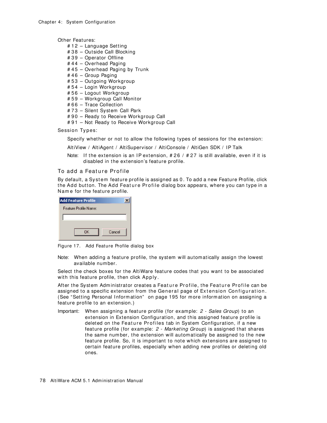 AltiGen comm ACM 5.1 manual To add a Feature Profile, Session Types 