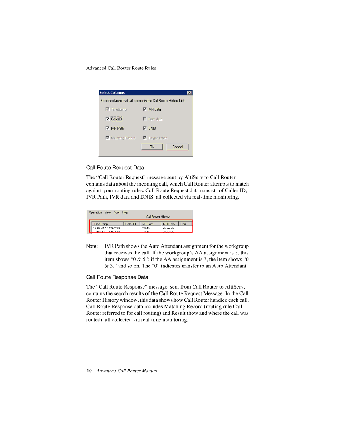 AltiGen comm Advanced Call RouterTM manual Call Route Request Data, Call Route Response Data 