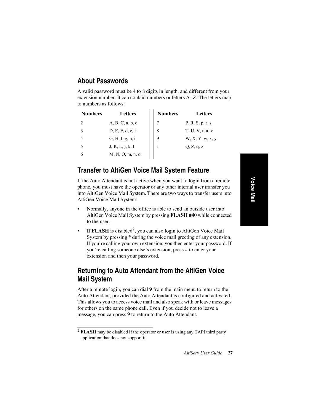 AltiGen comm AltiServ TM 4.5 manual About Passwords, Transfer to AltiGen Voice Mail System Feature 