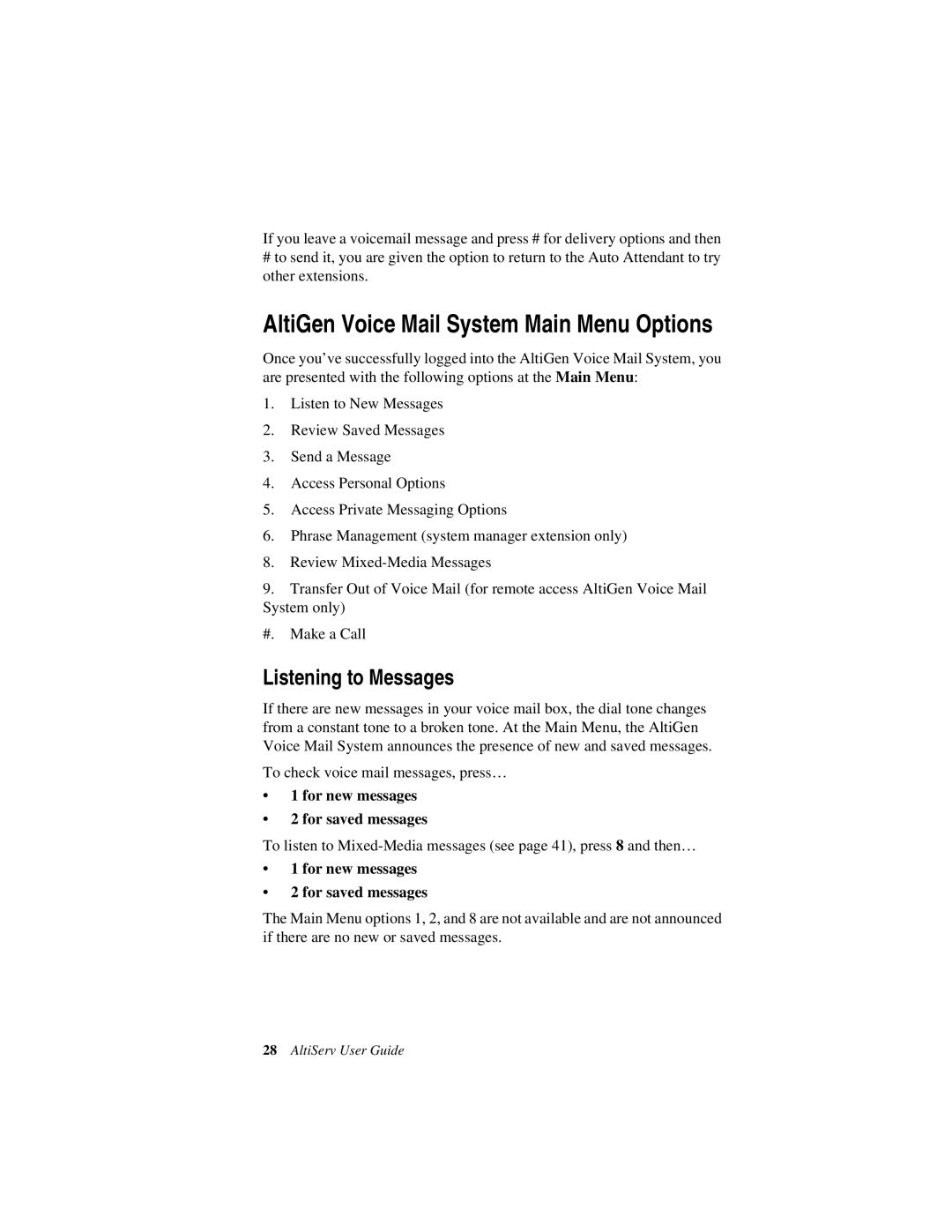 AltiGen comm AltiServ TM 4.5 manual AltiGen Voice Mail System Main Menu Options, Listening to Messages 