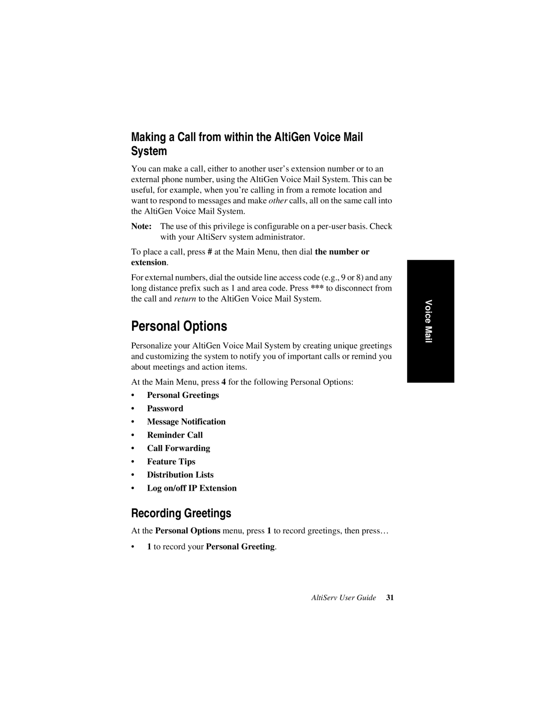 AltiGen comm AltiServ TM 4.5 manual Personal Options, Making a Call from within the AltiGen Voice Mail System 