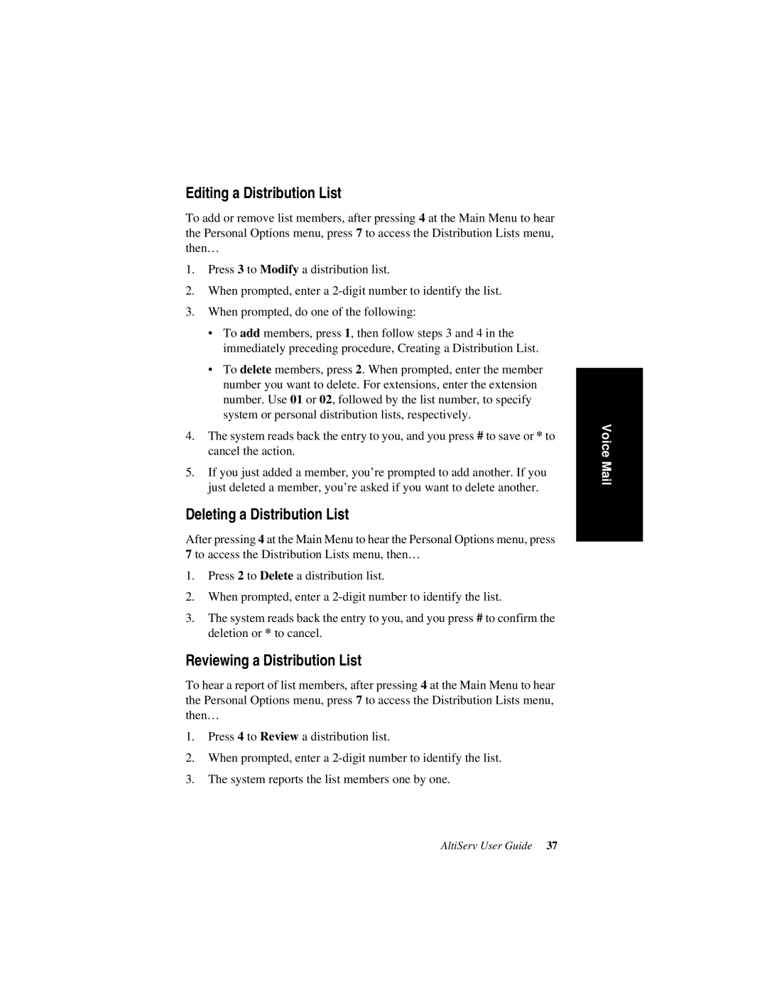 AltiGen comm AltiServ TM 4.5 Editing a Distribution List, Deleting a Distribution List, Reviewing a Distribution List 