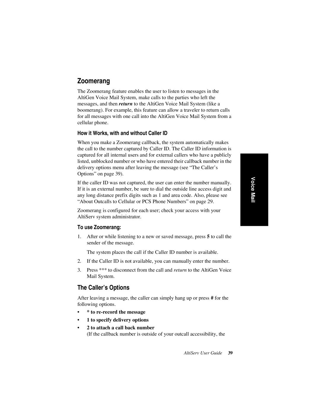 AltiGen comm AltiServ TM 4.5 manual Caller’s Options, How it Works, with and without Caller ID, To use Zoomerang 