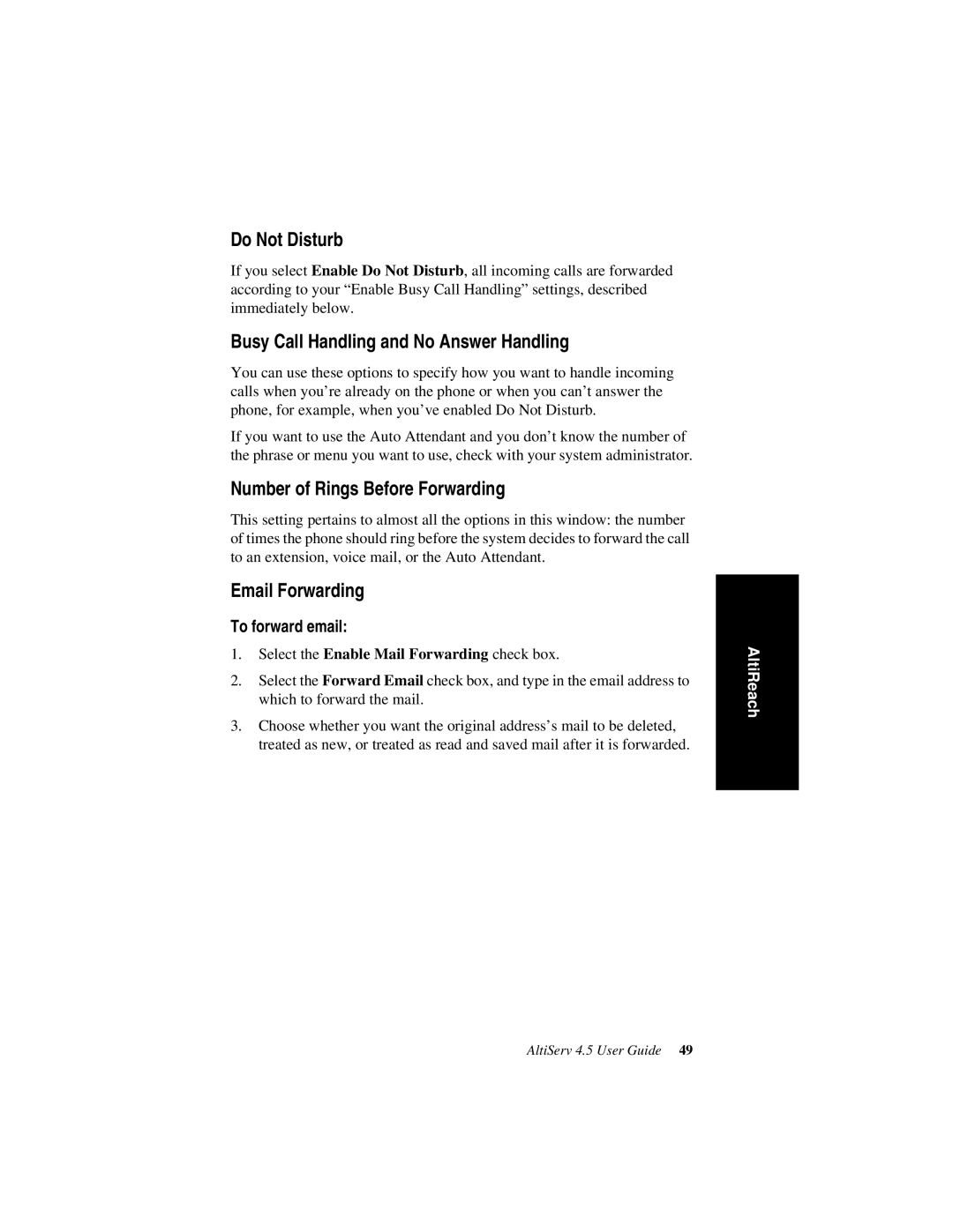 AltiGen comm AltiServ TM 4.5 Do Not Disturb, Busy Call Handling and No Answer Handling, Number of Rings Before Forwarding 