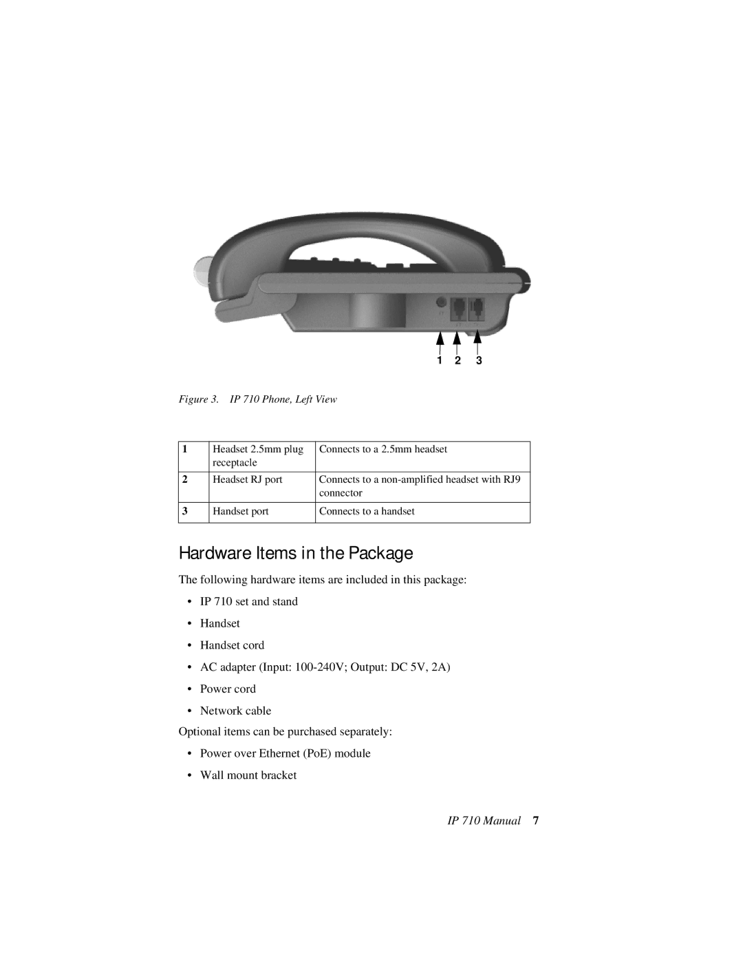 AltiGen comm user manual Hardware Items in the Package, IP 710 Phone, Left View 