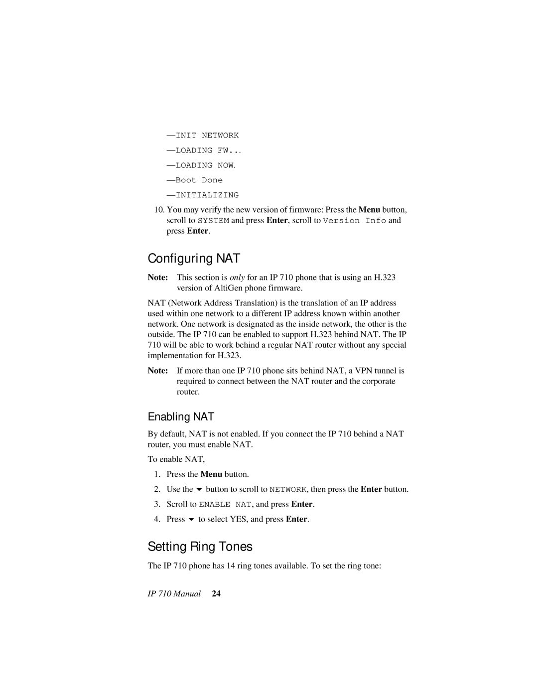 AltiGen comm IP 710 user manual Configuring NAT, Setting Ring Tones, Enabling NAT 