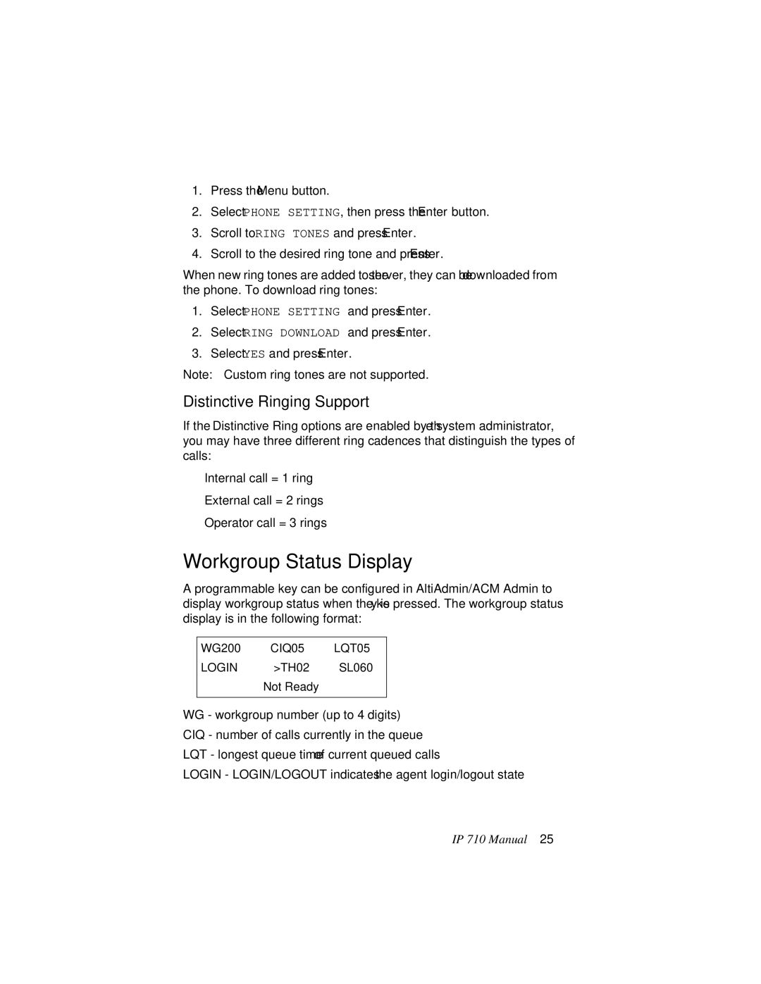 AltiGen comm IP 710 user manual Workgroup Status Display, Distinctive Ringing Support 