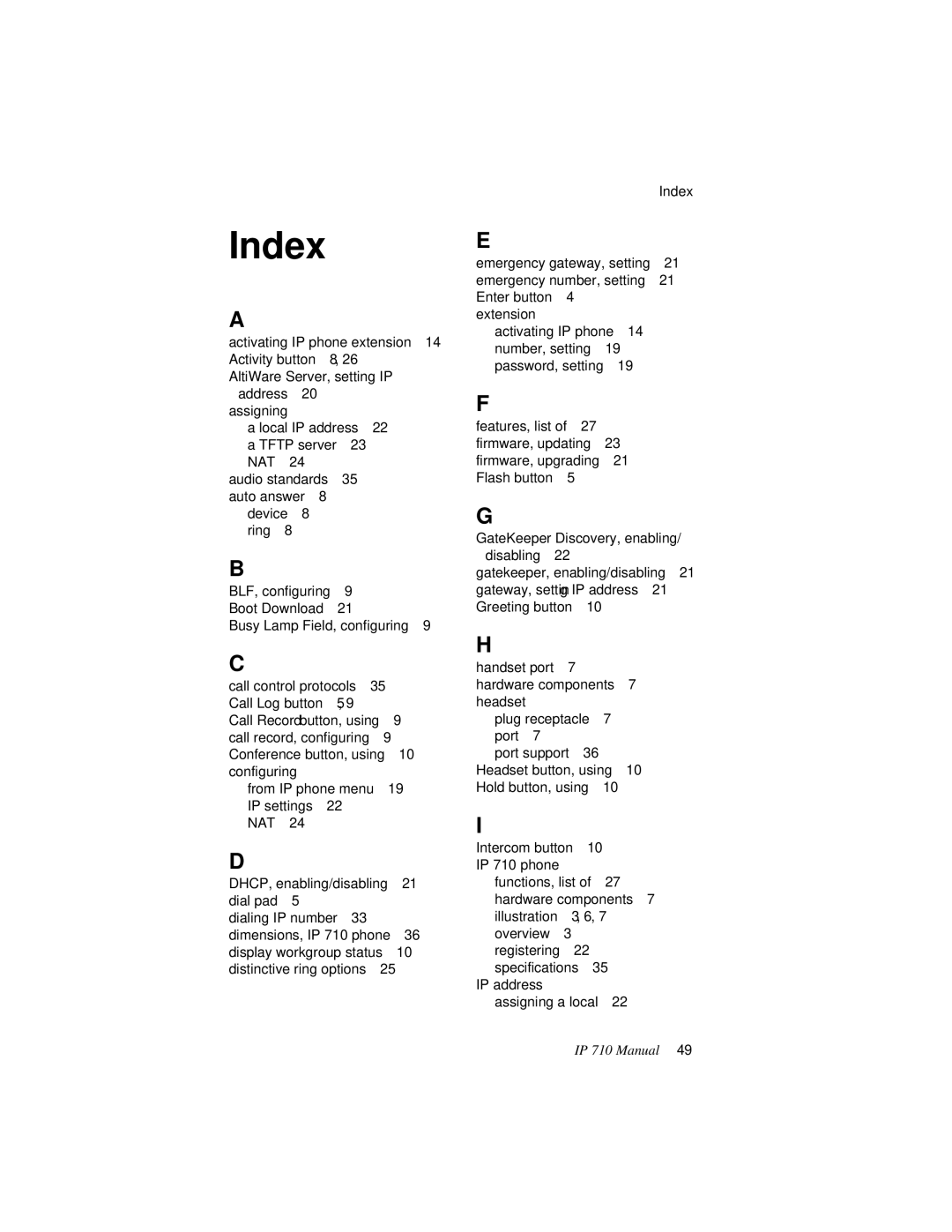 AltiGen comm IP 710 user manual Index 