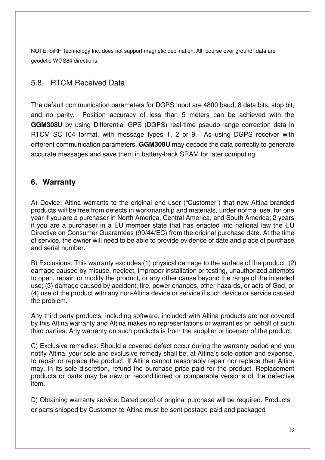 Altina GGM308U manual Rtcm Received Data, Warranty 