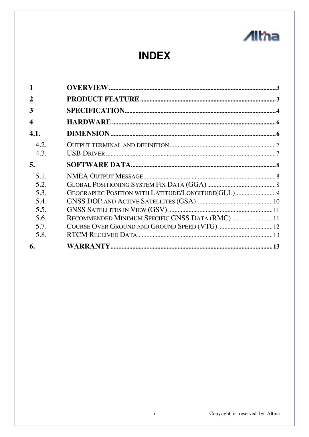 Altina GGM308U manual Index 