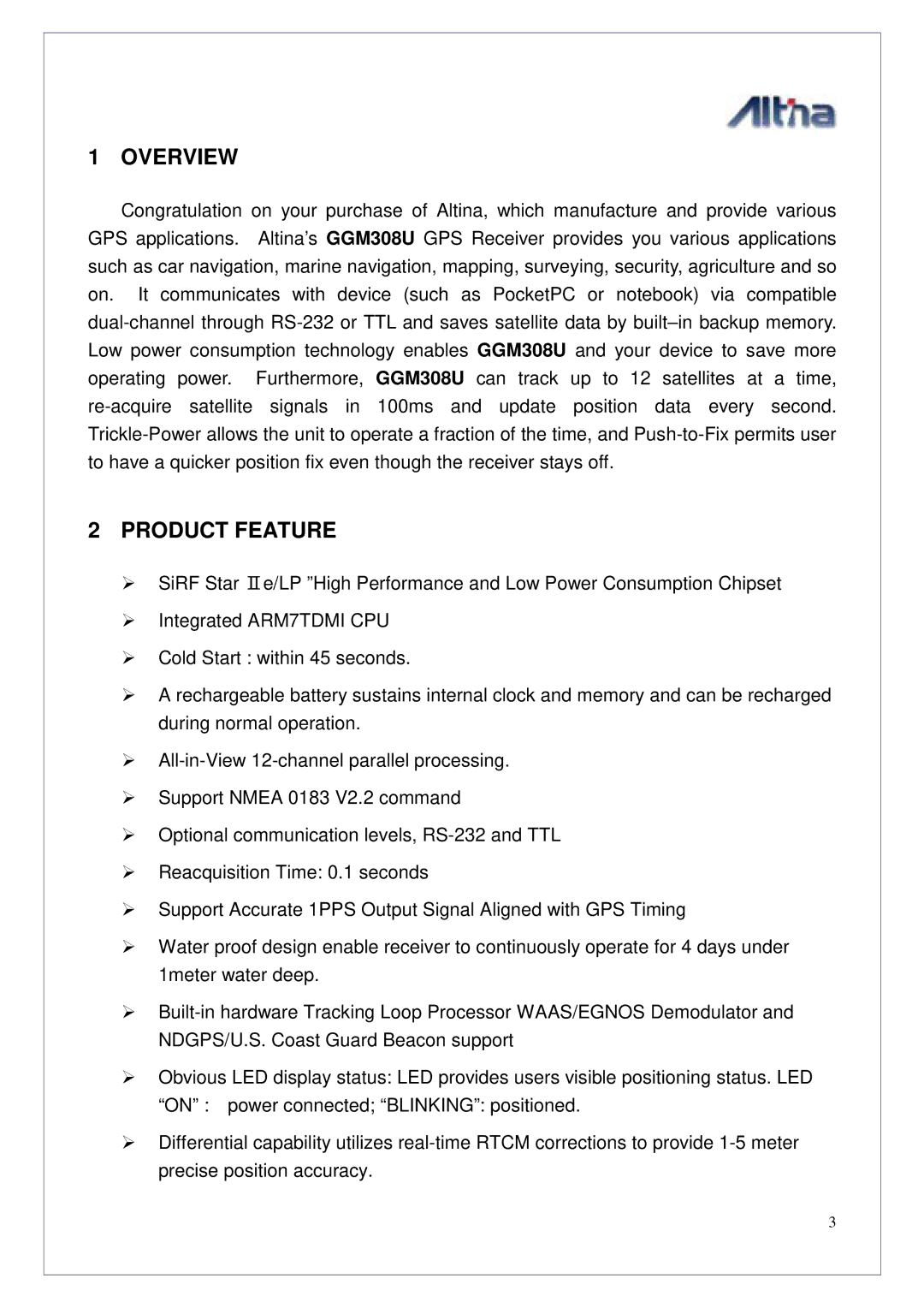 Altina GGM308U manual Overview, Product Feature 