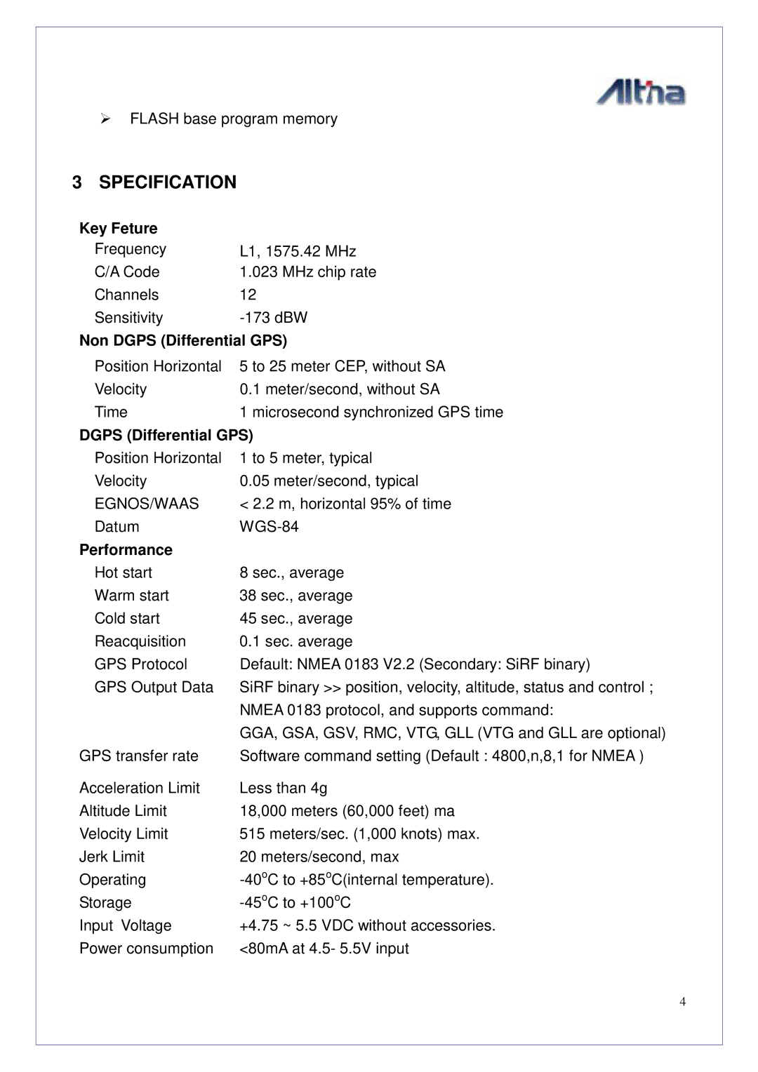 Altina GGM308U manual Specification, Key Feture, Non Dgps Differential GPS, Performance 