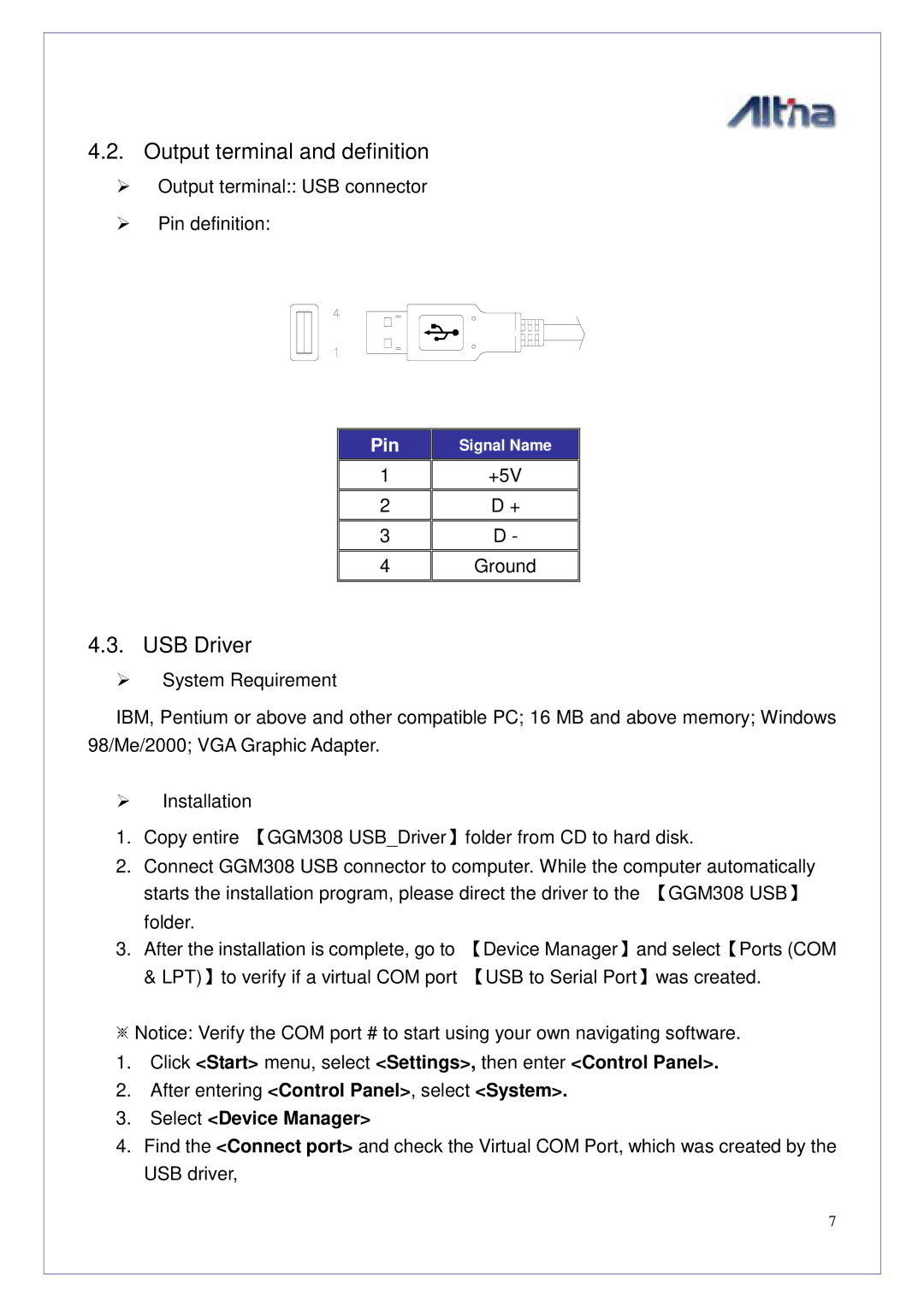 Altina GGM308U manual Output terminal and definition, USB Driver, GGM308 USB, Select Device Manager 