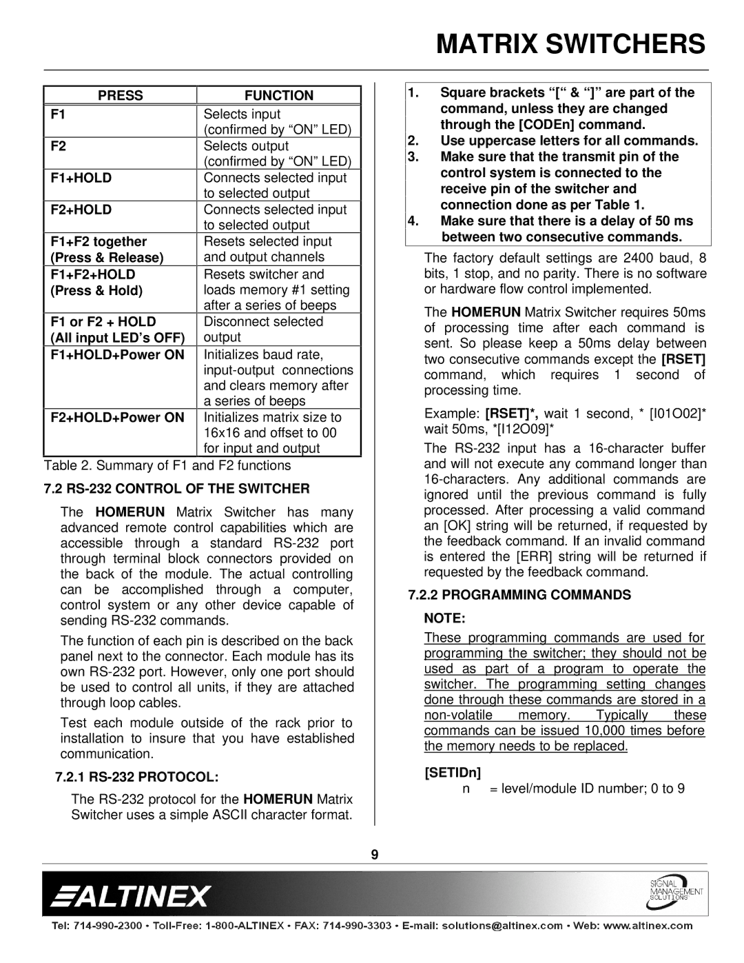 Altinex 400-0026-004 manual Press Function, F1+HOLD, F1+F2+HOLD, RS-232 Control of the Switcher, Programming Commands 
