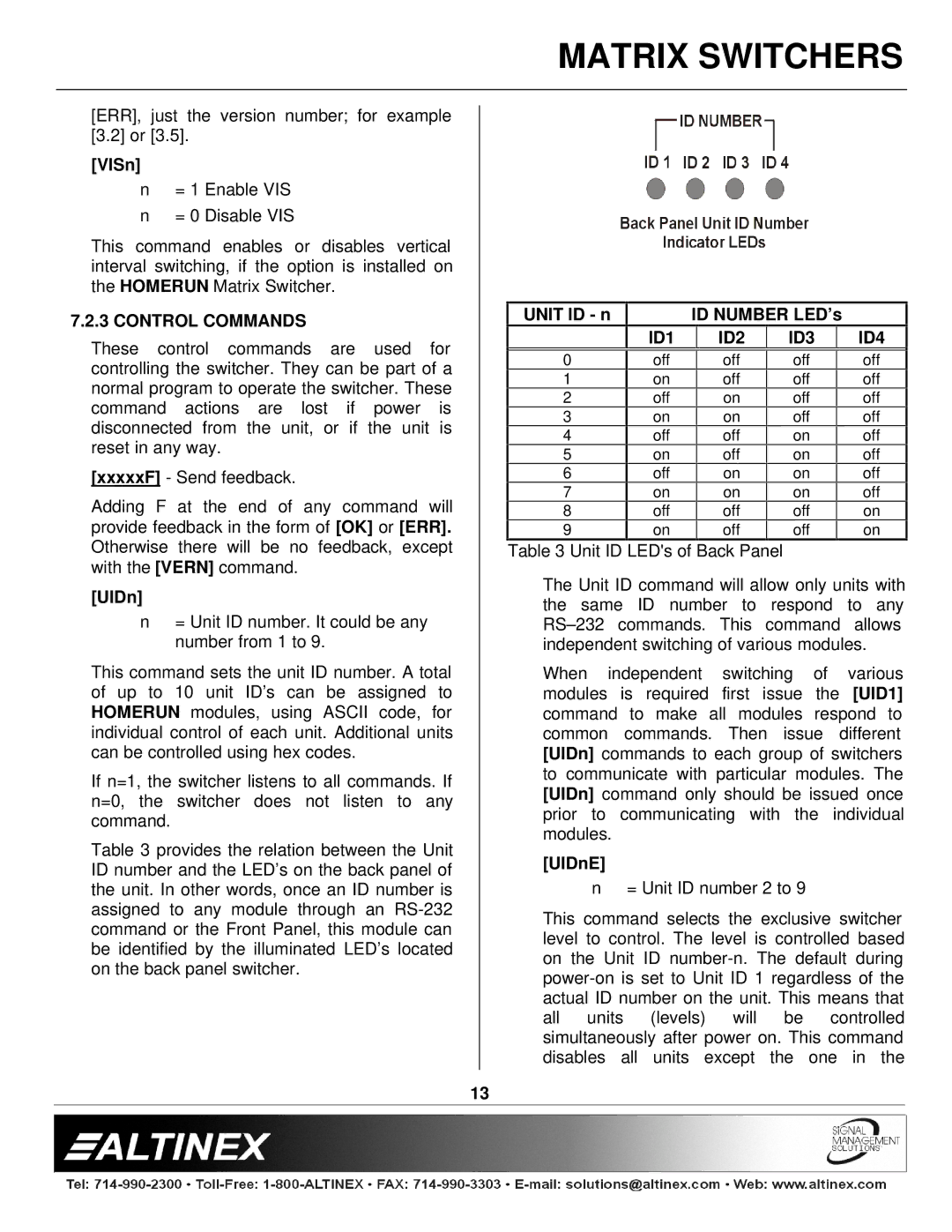 Altinex 400-0026-004 manual Control Commands, ID1 ID2 ID3 ID4 