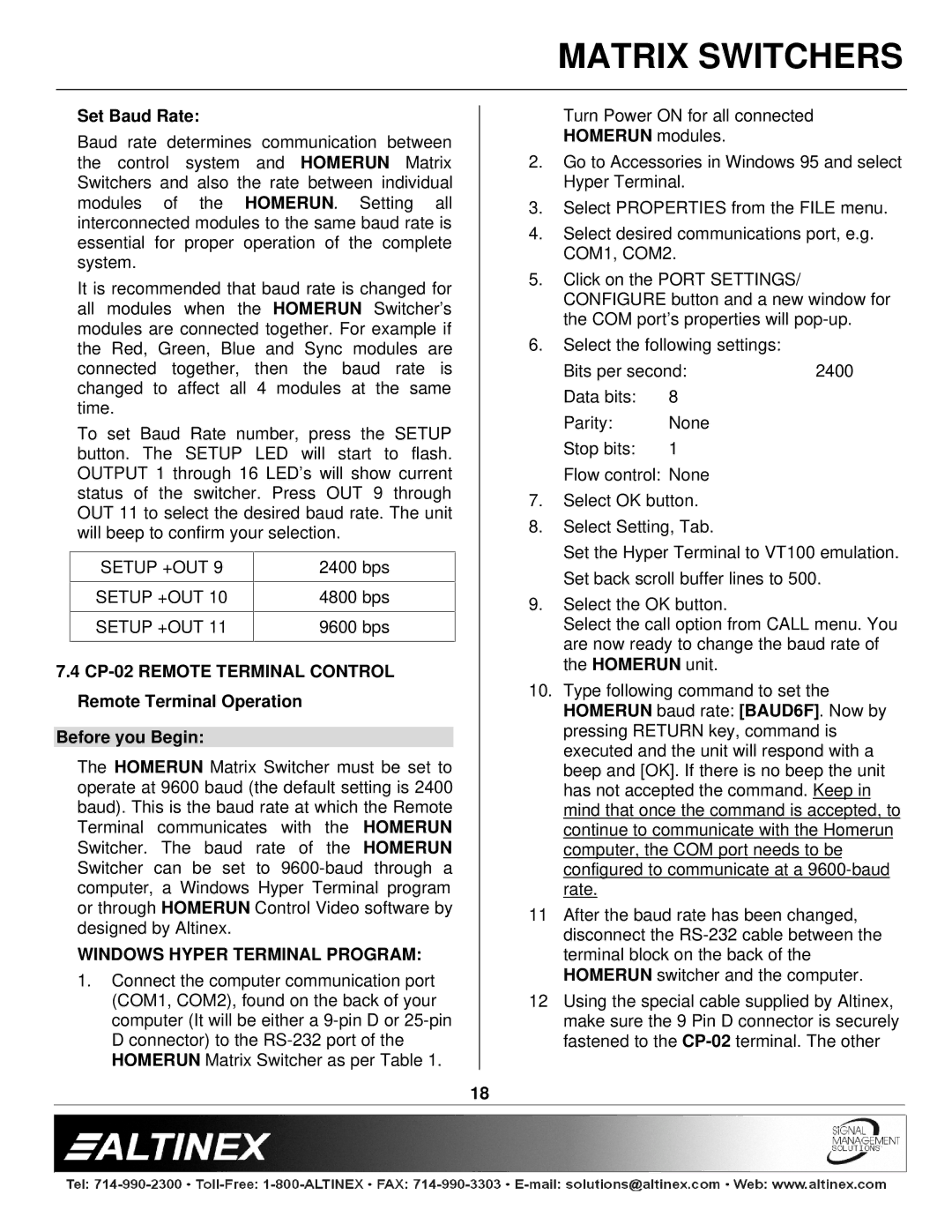Altinex 400-0026-004 manual Set Baud Rate, Windows Hyper Terminal Program, Homerun modules 