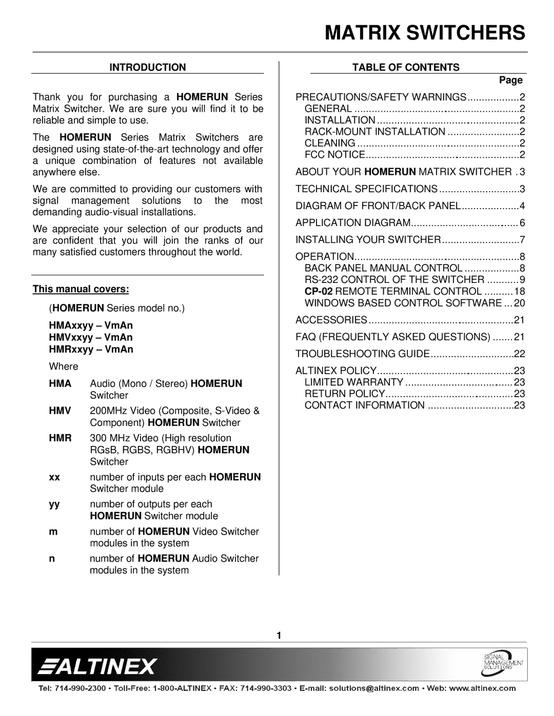 Altinex 400-0026-004 manual Introduction, Table of Contents 