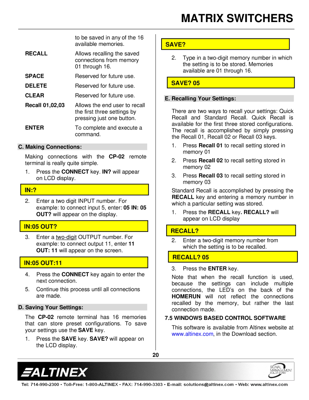 Altinex 400-0026-004 manual Recall, Space, Delete, Clear, Enter, Windows Based Control Software 