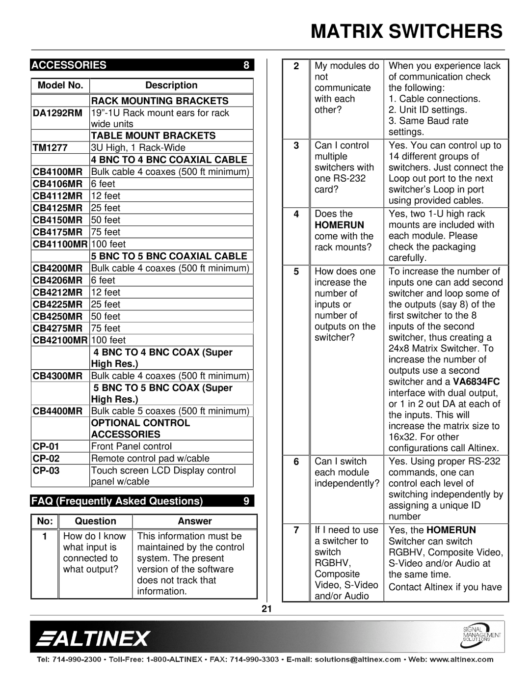 Altinex 400-0026-004 manual Accessories, Rack Mounting Brackets, Table Mount Brackets, BNC to 4 BNC Coaxial Cable 