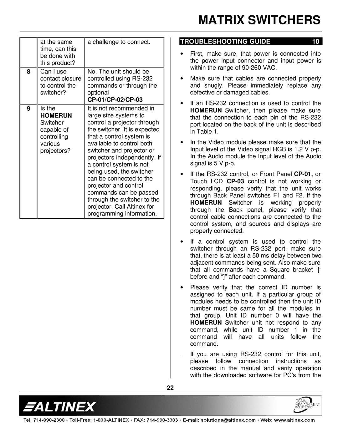 Altinex 400-0026-004 manual Troubleshooting Guide, CP-01/CP-02/CP-03 