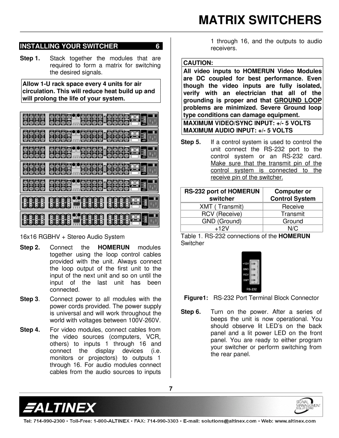 Altinex 400-0026-004 manual Installing Your Switcher, RS-232 port of Homerun Computer or Switcher Control System 