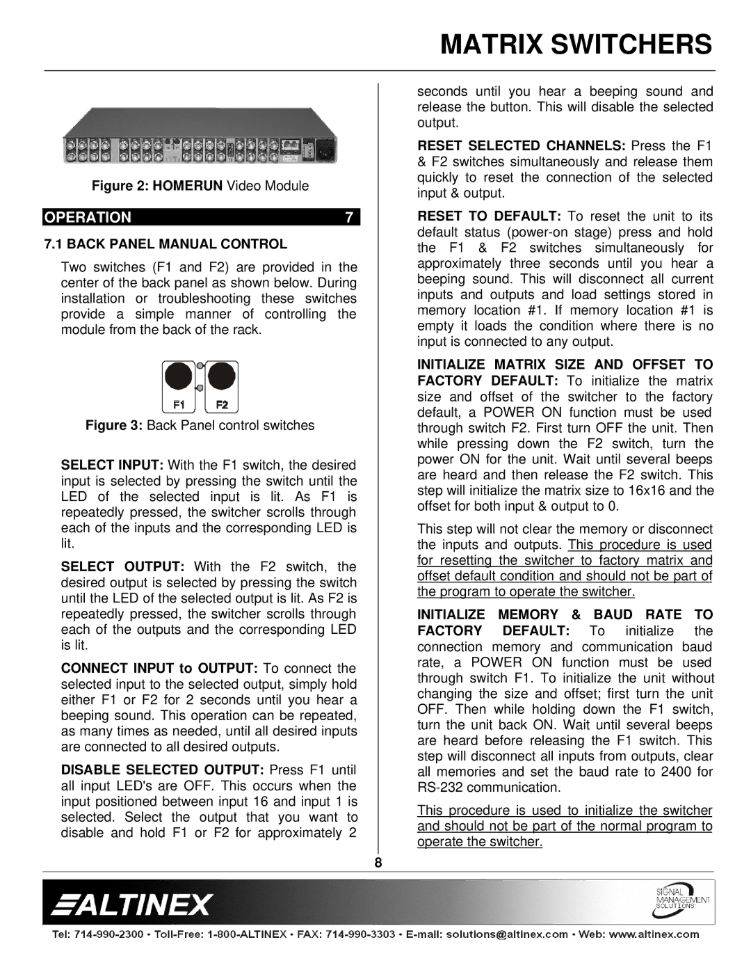 Altinex 400-0026-004 manual Operation, Back Panel Manual Control, Reset Selected Channels Press the F1 