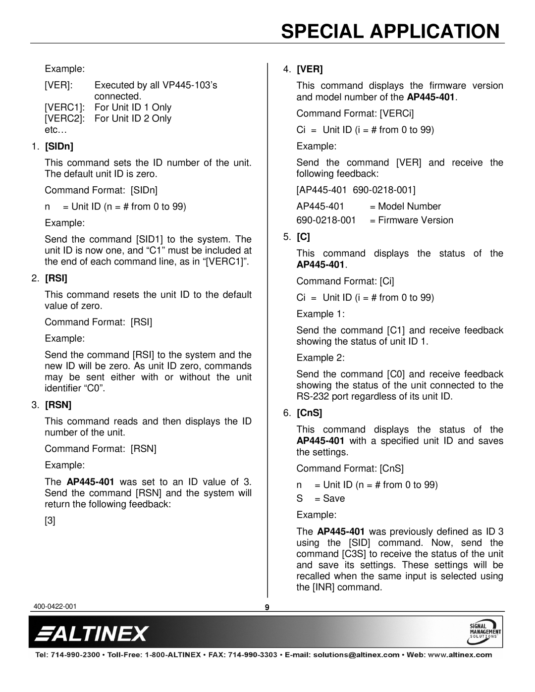 Altinex AP445-401 manual SIDn, Rsi, Rsn, Ver, CnS 