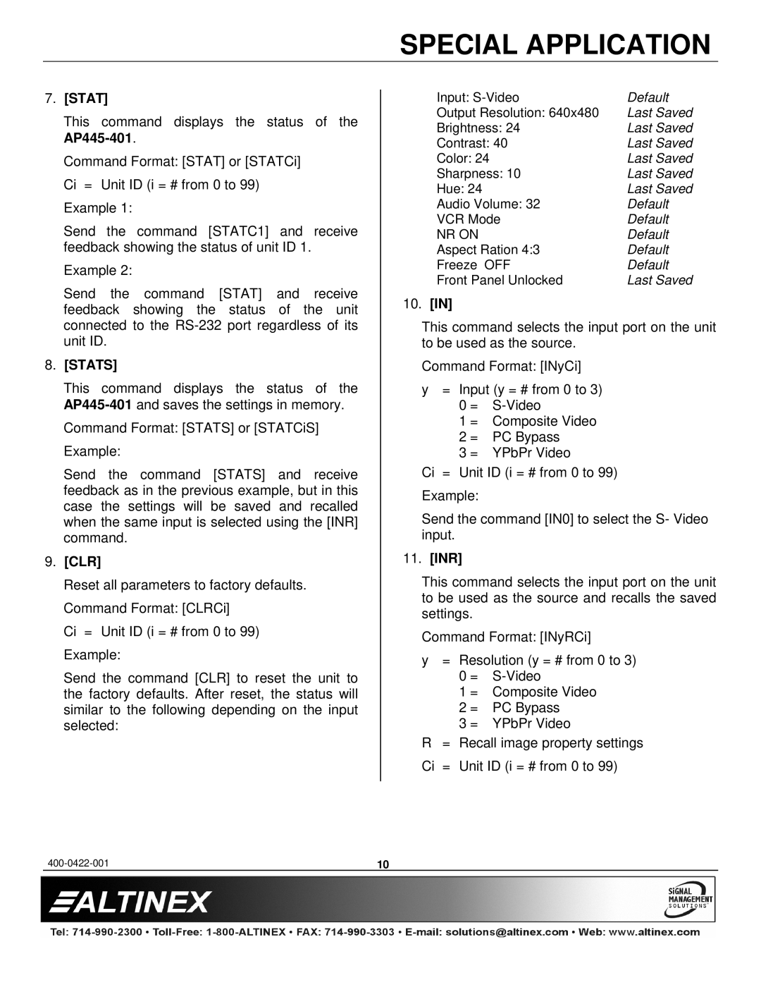 Altinex AP445-401 manual Stats, Clr, 10, Inr 